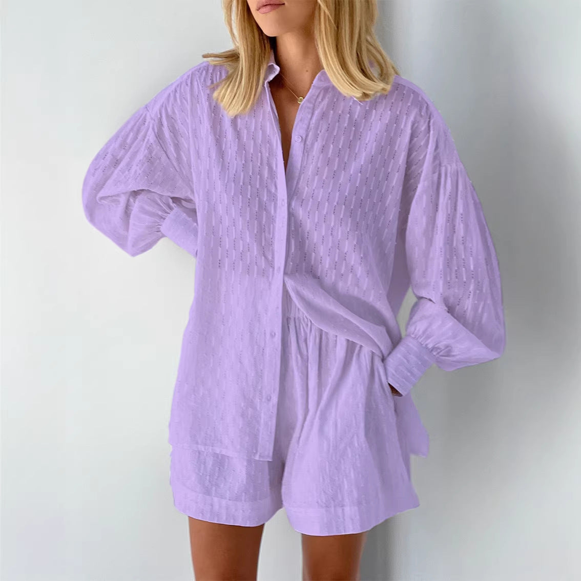 Women Textured Cotton Shirt Shorts Matching Set