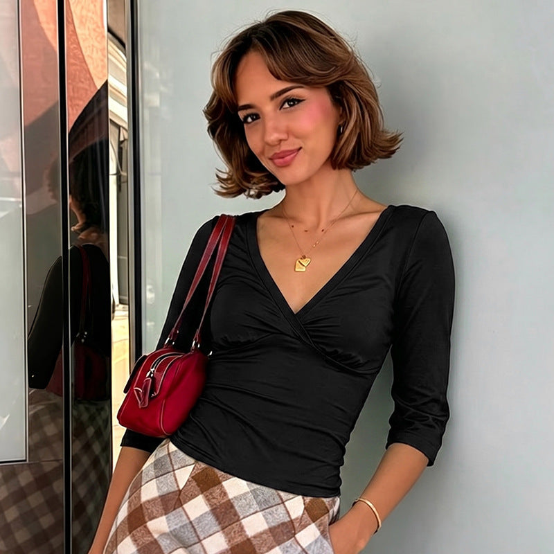 Women's V-Neck Ruched 3/4 Sleeve Fitted Crop Top