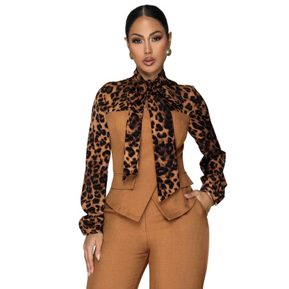 Leopard Print Tie Neck Blouse & Wide Leg Pants Set