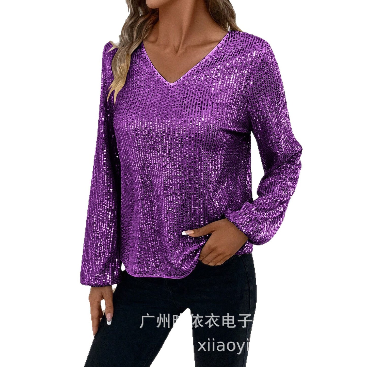 Women's Sequin V Neck Long Sleeve Party Top