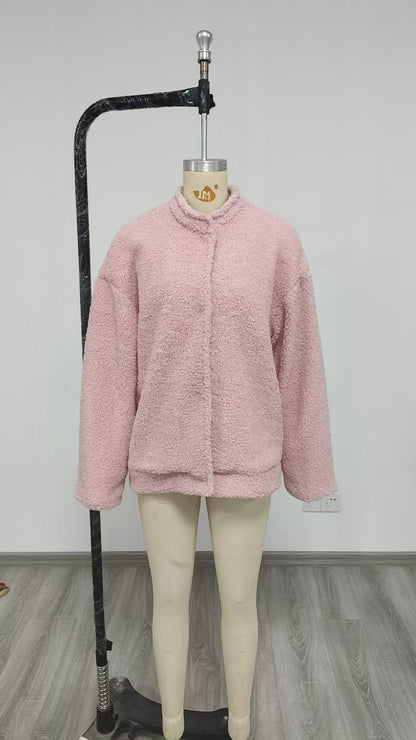 Women's Pink Cropped Sherpa Fleece Jacket Winter Coat