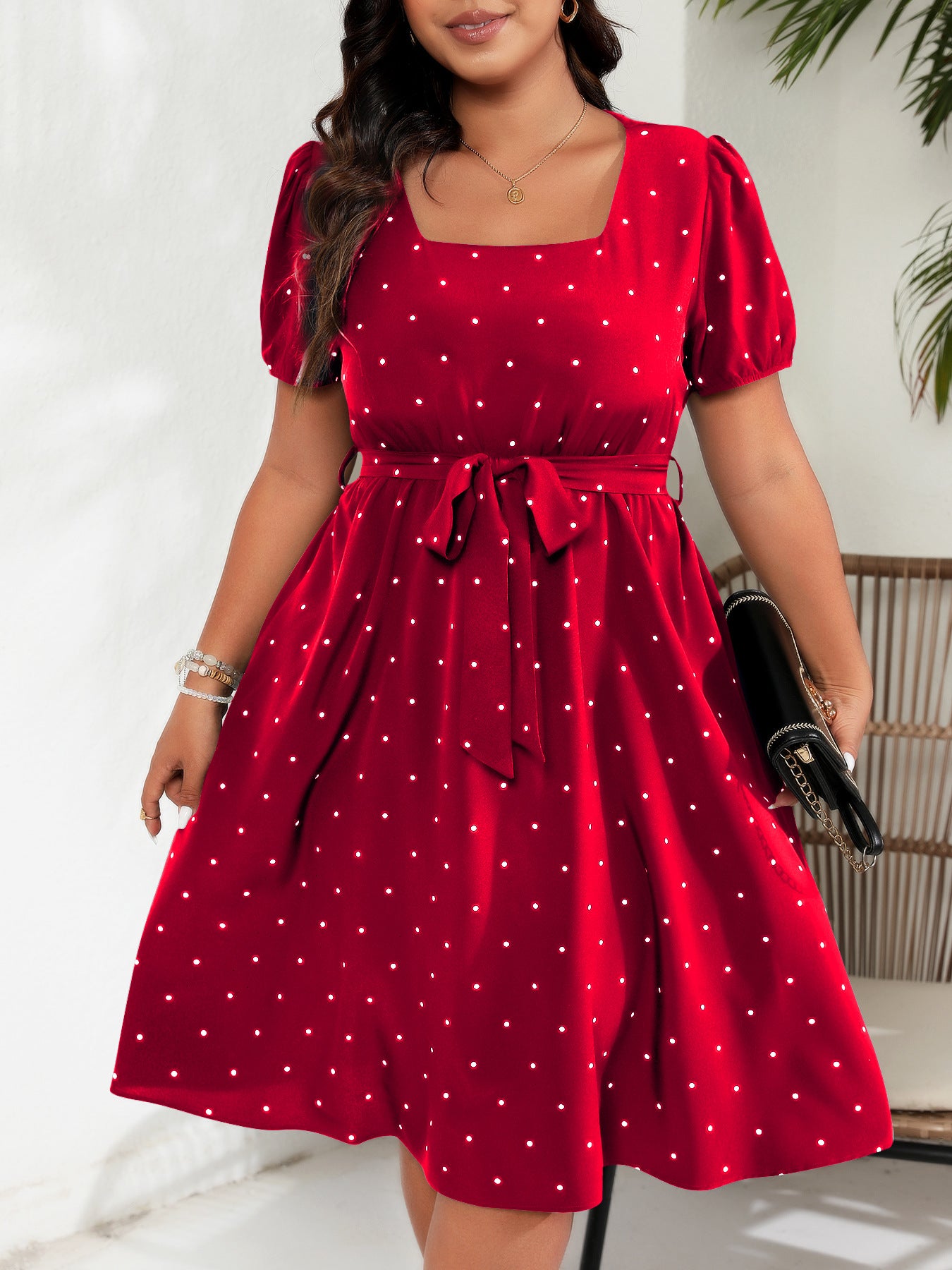 Plus Size Polka Dot Square Neck Tie Waist Midi Dress