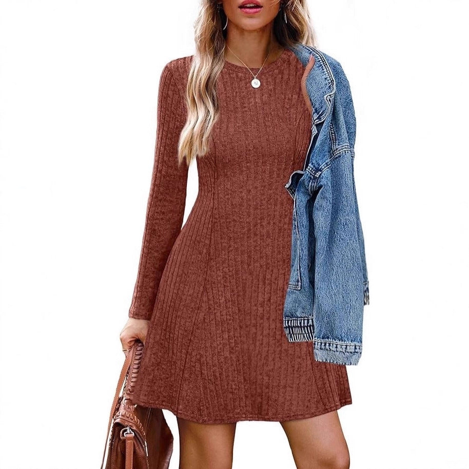 Ribbed Long Sleeve Crewneck Sweater Dress A-Line Mini