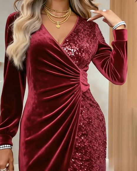 Sequin Velvet V Neck Bodycon Dress for Women