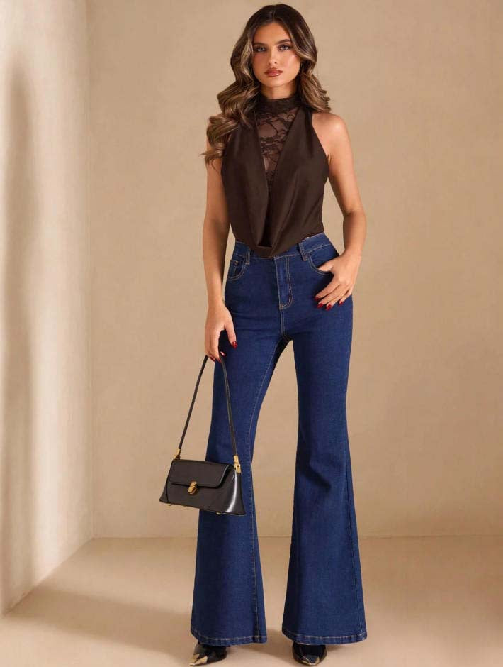 Lace Mesh Halter Bodysuit Sleeveless Backless Party Top