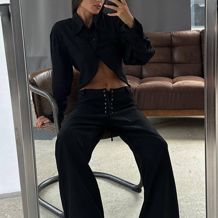 Women's Cut Out Crop Shirt Wide Leg Pants Matching Set
