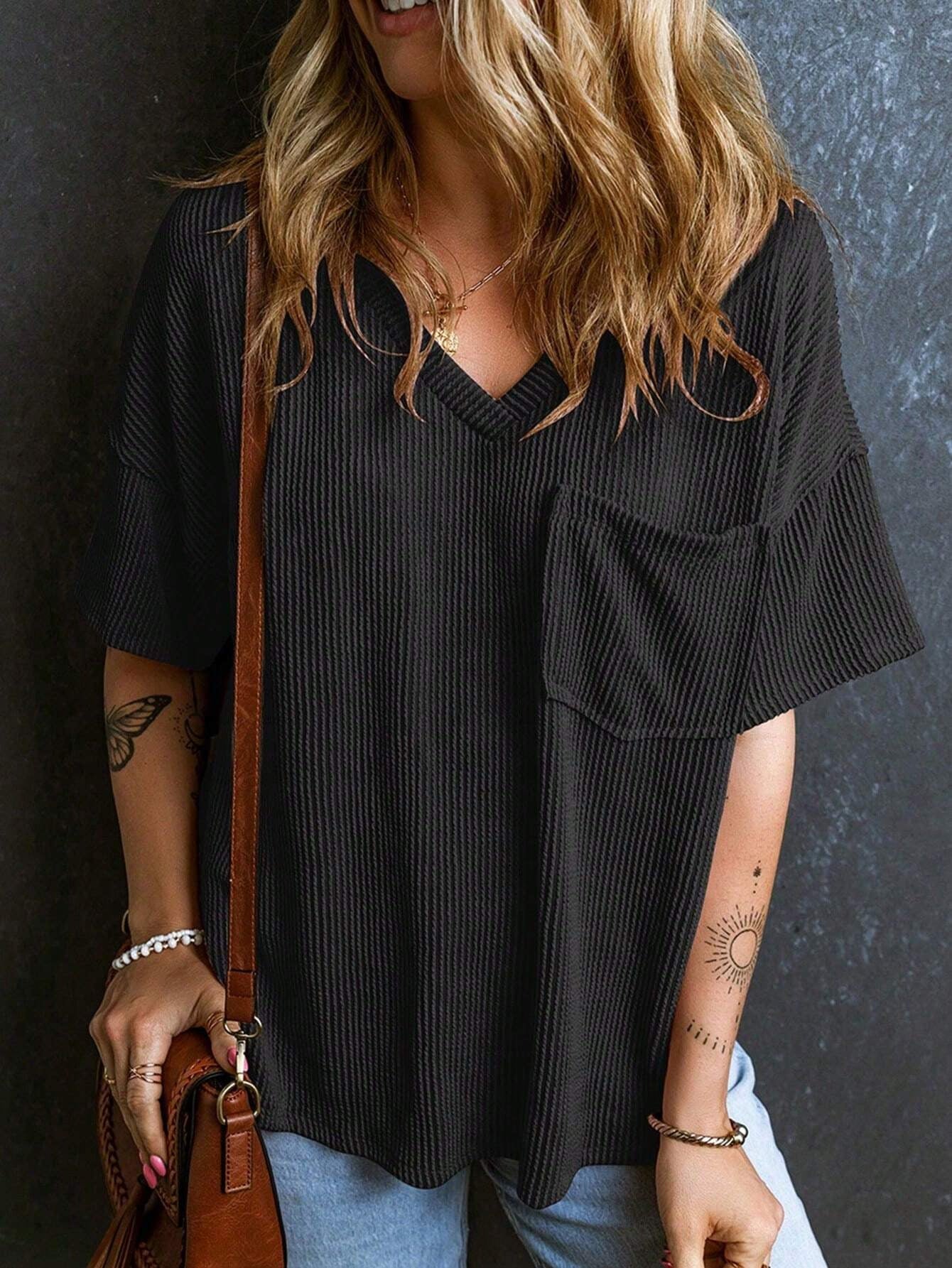 Ribbed V Neck Pocket Tee Short Sleeve Casual Top