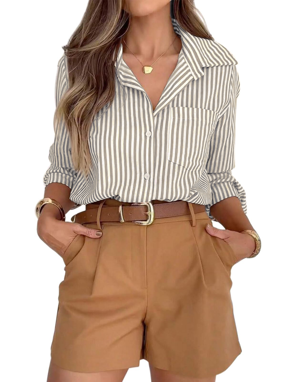 Striped Button Down Shirt Collared Pocket Blouse Top