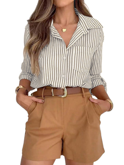 Striped Button Down Shirt Collared Pocket Blouse Top