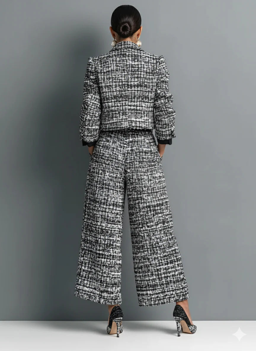 Women's Tweed Cropped Blazer Wide Leg Pants Set