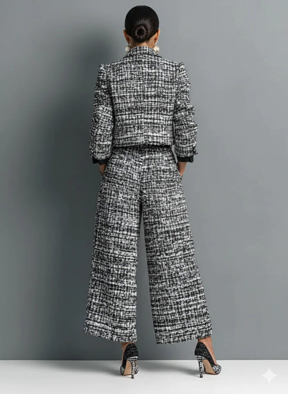 Women's Tweed Cropped Blazer Wide Leg Pants Set