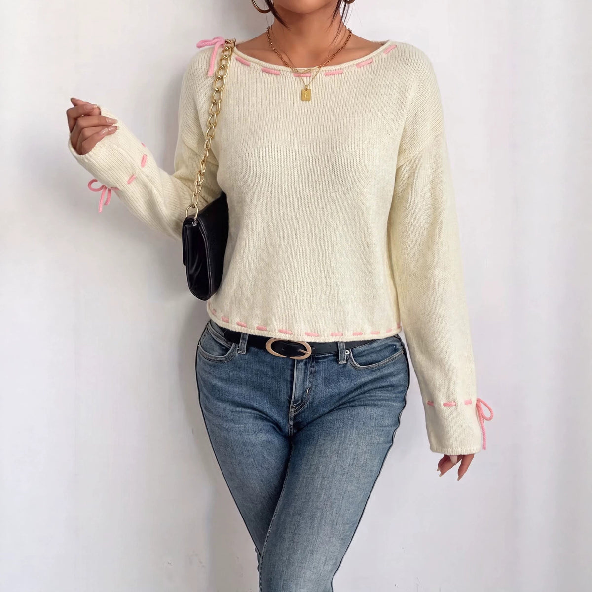 Women's Oversized Bow Crewneck Sweater Cream Knit Top