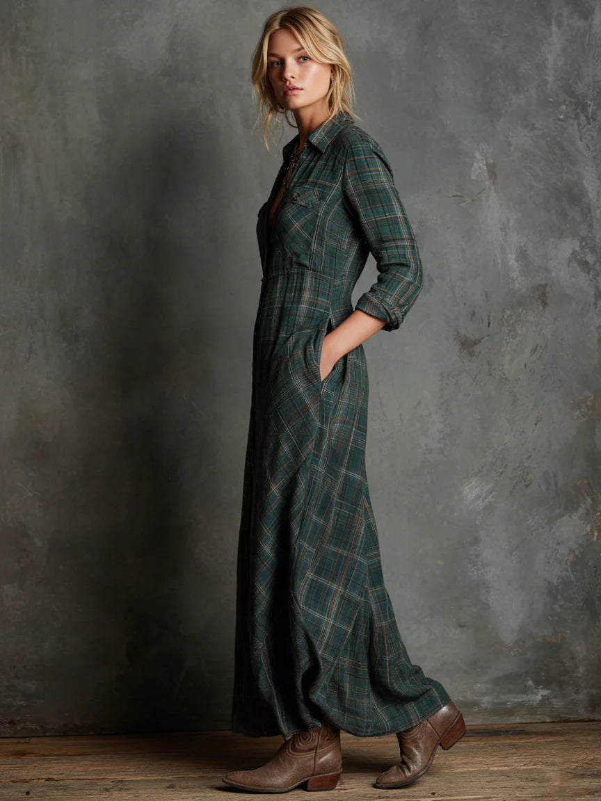 Plaid Maxi Shirt Dress Long Sleeve Button Down Casual