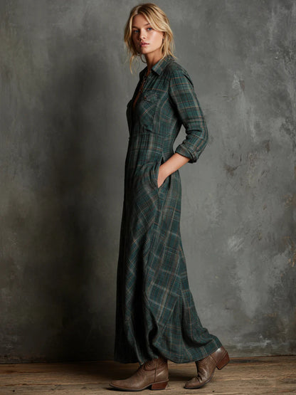 Plaid Maxi Shirt Dress Long Sleeve Button Down Casual