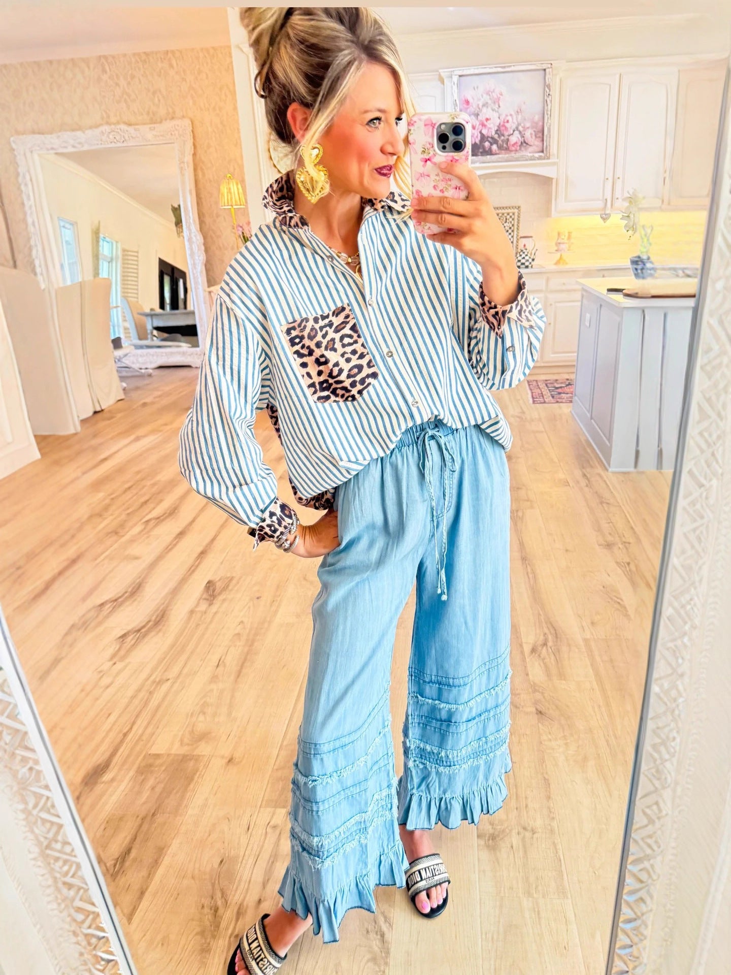Leopard Patchwork Striped Button Down Oversized Shirt