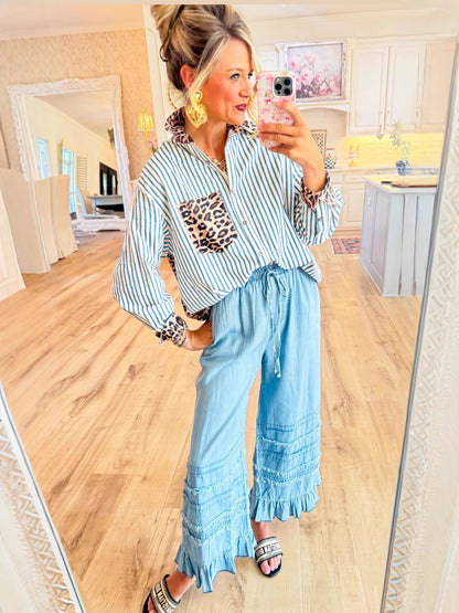 Leopard Patchwork Striped Button Down Oversized Shirt