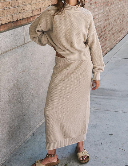 Women's Knit Two Piece Set Mock Neck Sweater Midi Skirt