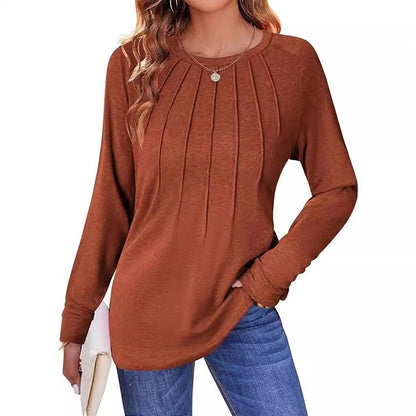 Women's Pleated Crew Neck Long Sleeve Casual Top
