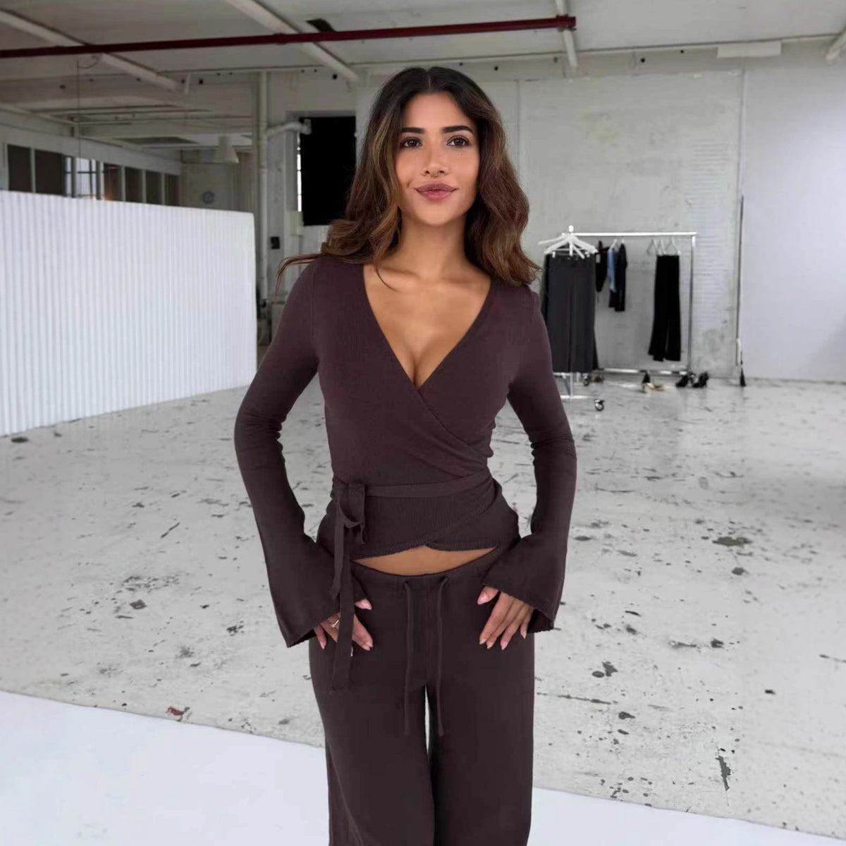 Women's Two Piece Bell Sleeve Wrap Top Wide Leg Pants Set