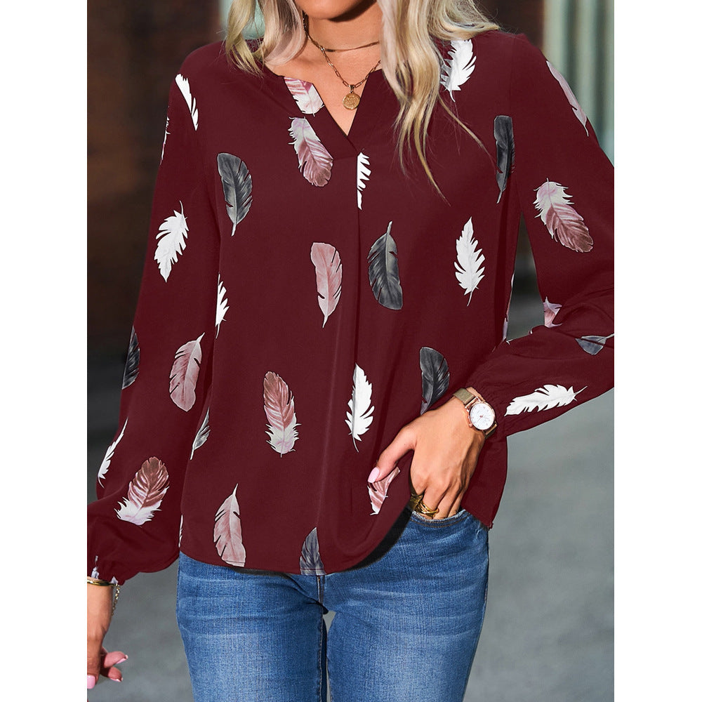 Feather Print V Neck Chiffon Blouse Long Sleeve Top