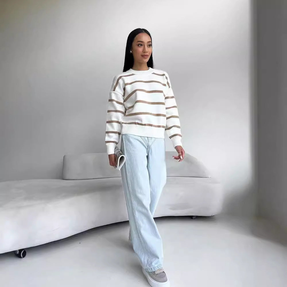 Women's Oversized Striped Crew Neck Pullover Sweater