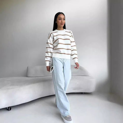 Women's Oversized Striped Crew Neck Pullover Sweater