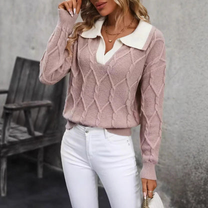 Women's Collared V Neck Colorblock Knit Sweater