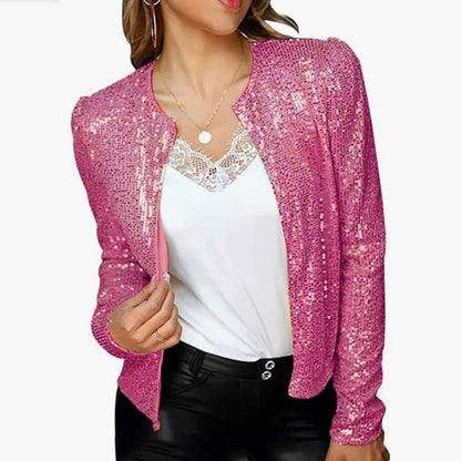 Women's Sequin Zip Up Cropped Jacket Stand Collar
