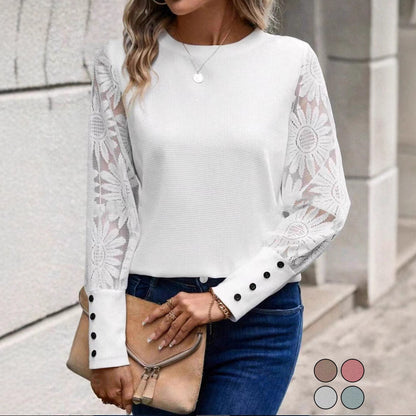 Women's Waffle Knit Lace Sleeve Top Button Cuff