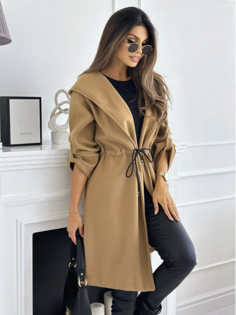Women's Hooded Tie Waist Midi Coat Jacket