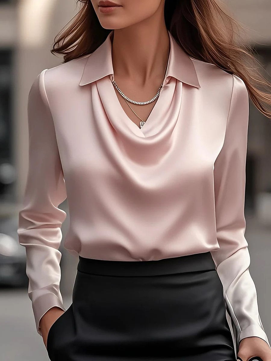 Womens Satin Cowl Neck Blouse Long Sleeve Collar Top