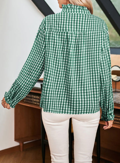 Women's Gingham Ruffle V Neck Long Sleeve Blouse