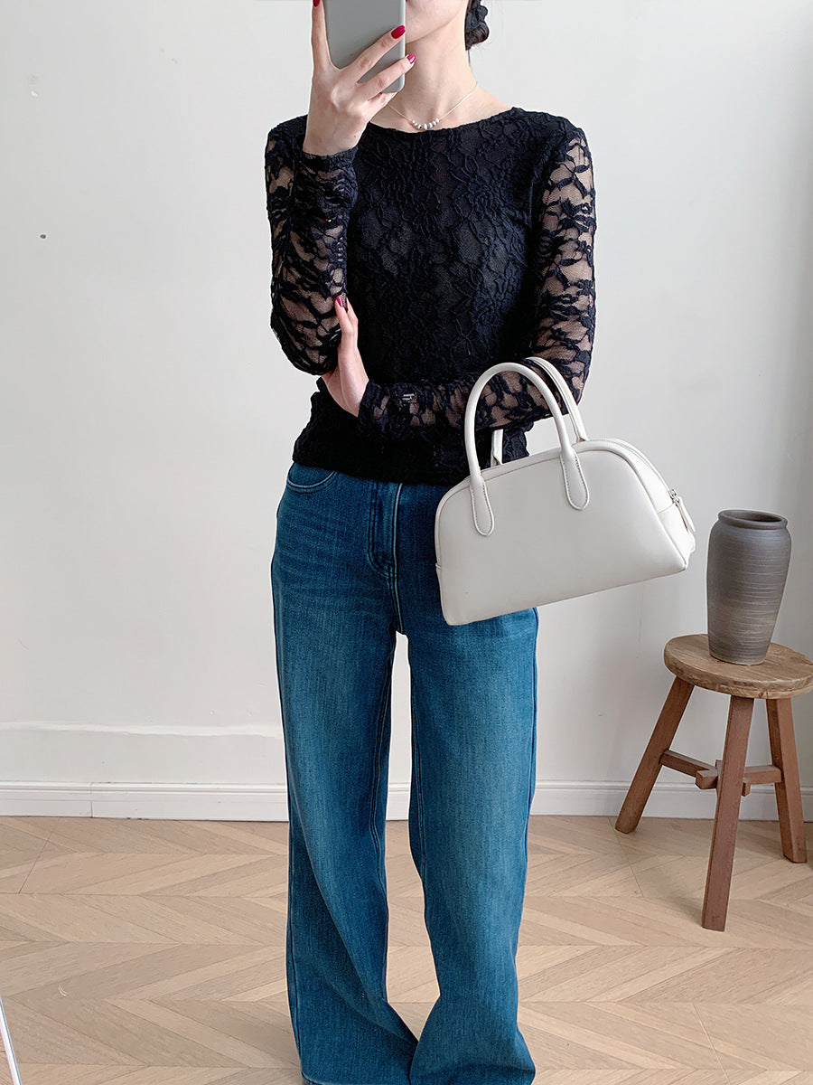 Sheer Lace Long Sleeve Top Fitted U Neck Blouse
