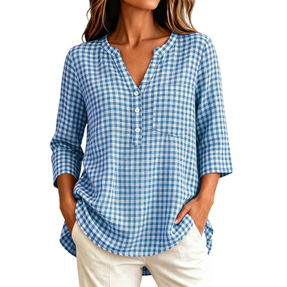 Women's Gingham V Neck 3/4 Sleeve Loose Casual Blouse