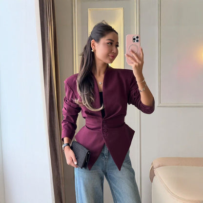 Women's V-Neck Cinched Waist Fitted Blazer Jacket