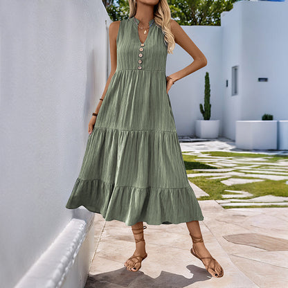 Sleeveless V Neck Button Front Tiered Midi Dress