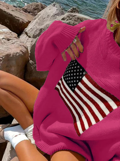 Oversized American Flag Crewneck Knit Sweater