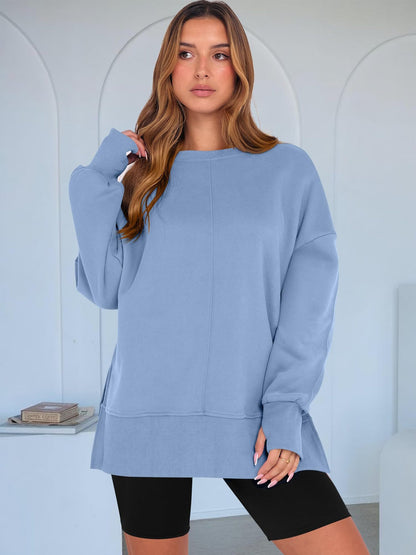 Oversized Crewneck Sweatshirt Batwing Side Slit Fleece