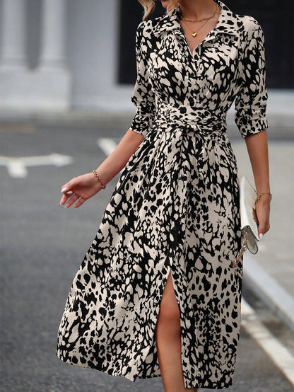 Women's Printed Long Sleeve Belted Midi Shirt Dress Slit