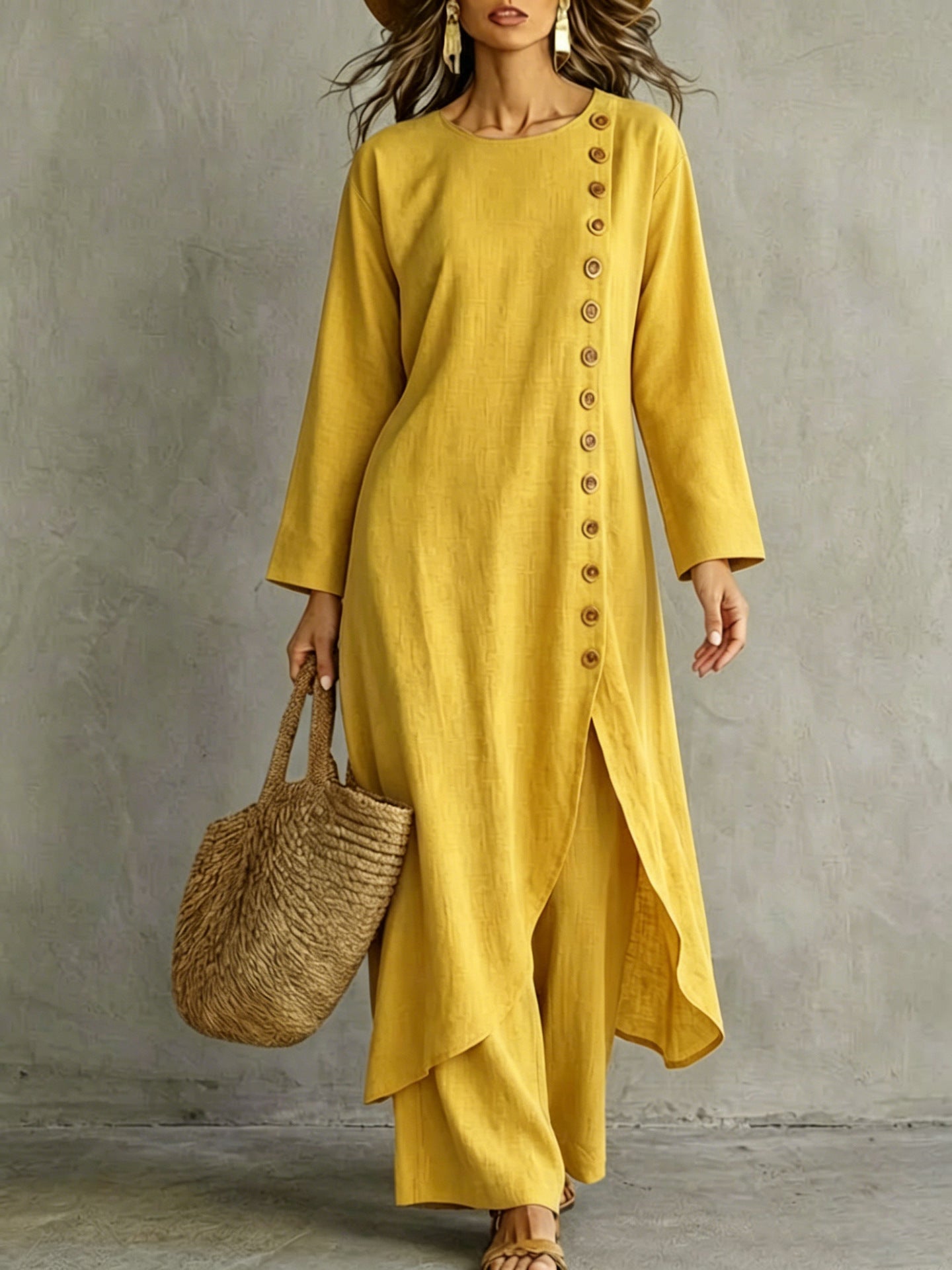 Linen Button Front Tunic Wide Leg Pants Two Piece Set
