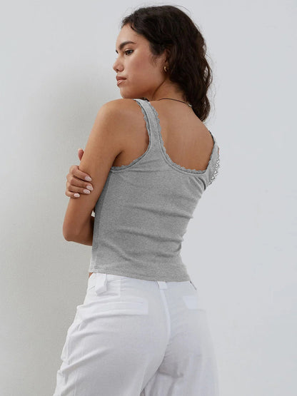 Ribbed Lace Trim Cami Top Slim Fit Cropped Tank