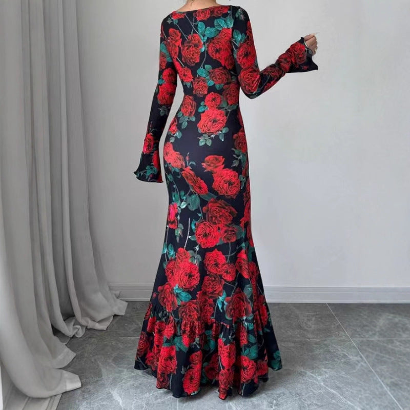Women's Rose Print Bell Sleeve Bodycon Maxi Dress