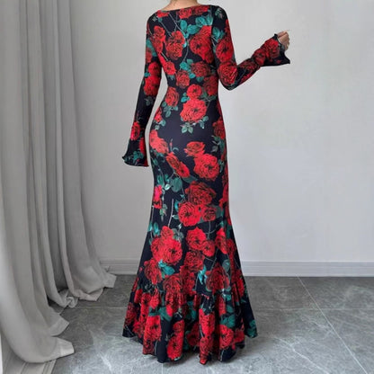 Women's Rose Print Bell Sleeve Bodycon Maxi Dress