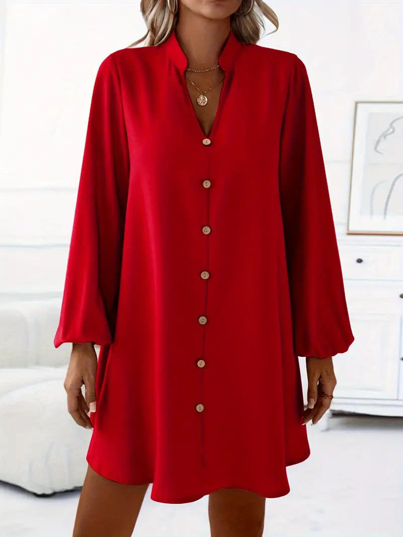Women's V-Neck Balloon Sleeve Button Down Shirt Dress