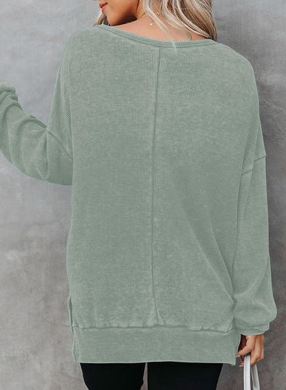 Waffle Split Hem Sweatshirt Women Casual Long Sleeve Top