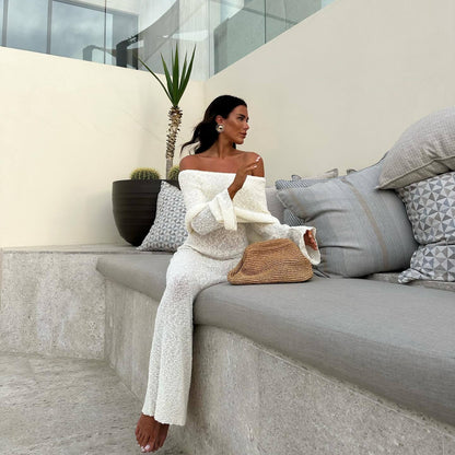 Sexy Off Shoulder Knit Maxi Dress Backless Long Sleeve