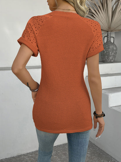 Eyelet Knit Crewneck Short Sleeve Casual T Shirt Top