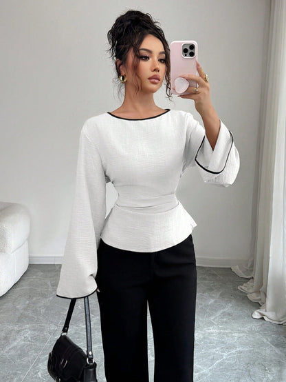 Women's Elegant Boat Neck Bell Sleeve Cinched Waist Blouse