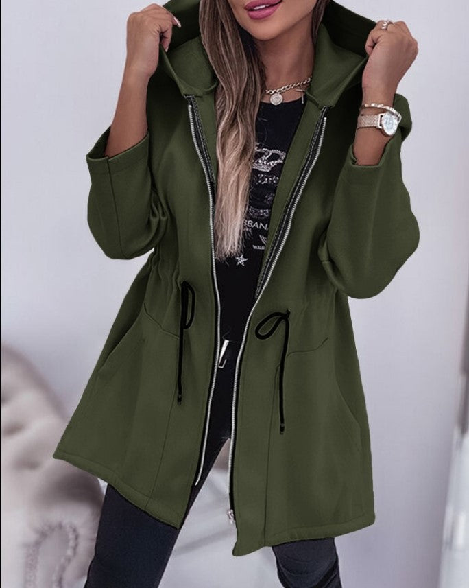 Women's Hooded Drawstring Waist Zip Up Mid Length Jacket