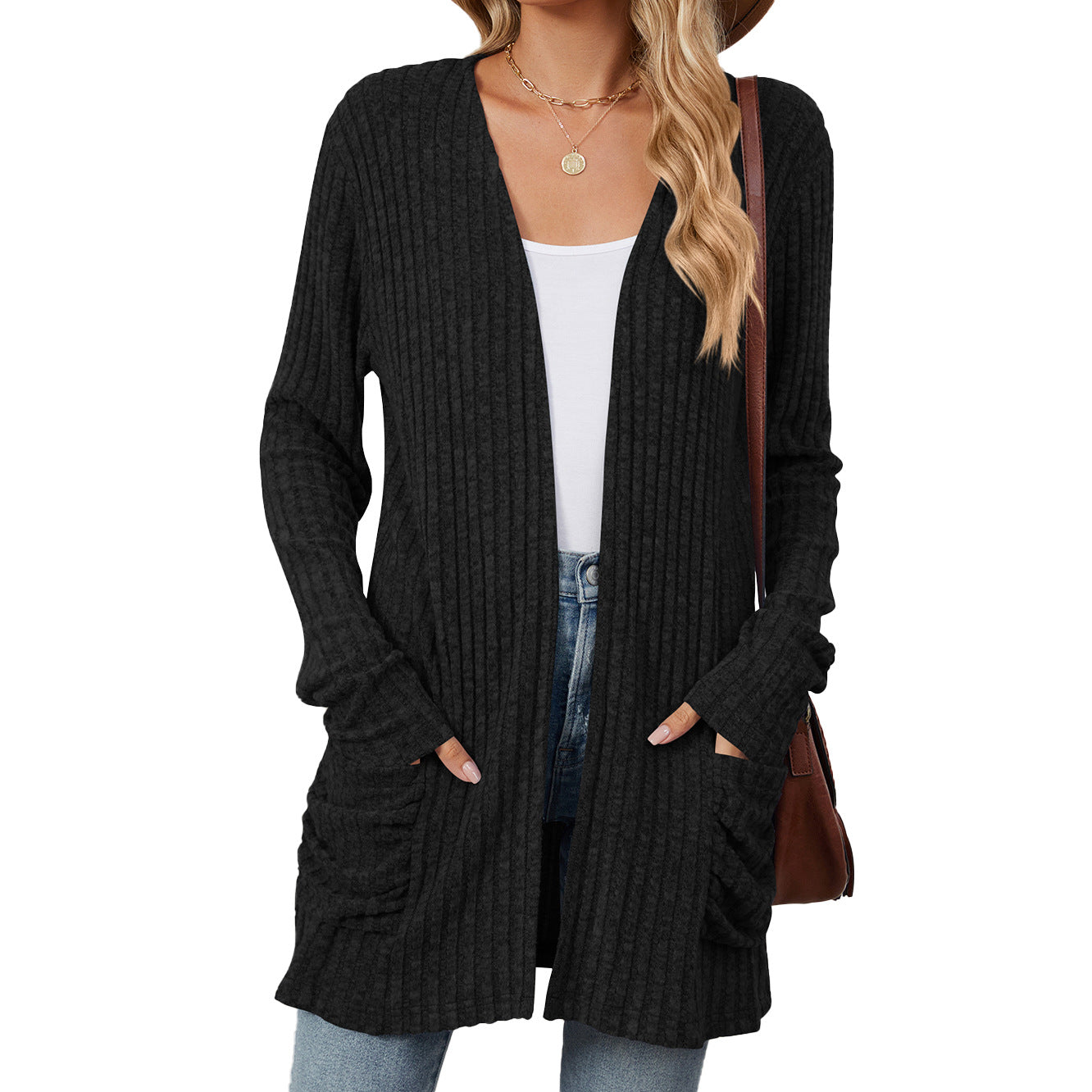 Simple Pocketed Long Sleeve Cardigan Knit Top